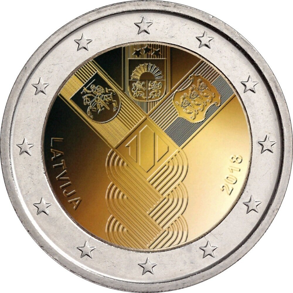 картинка 2 евро Латвия "100-летие независимости прибалтийских государств". 2018 г. 