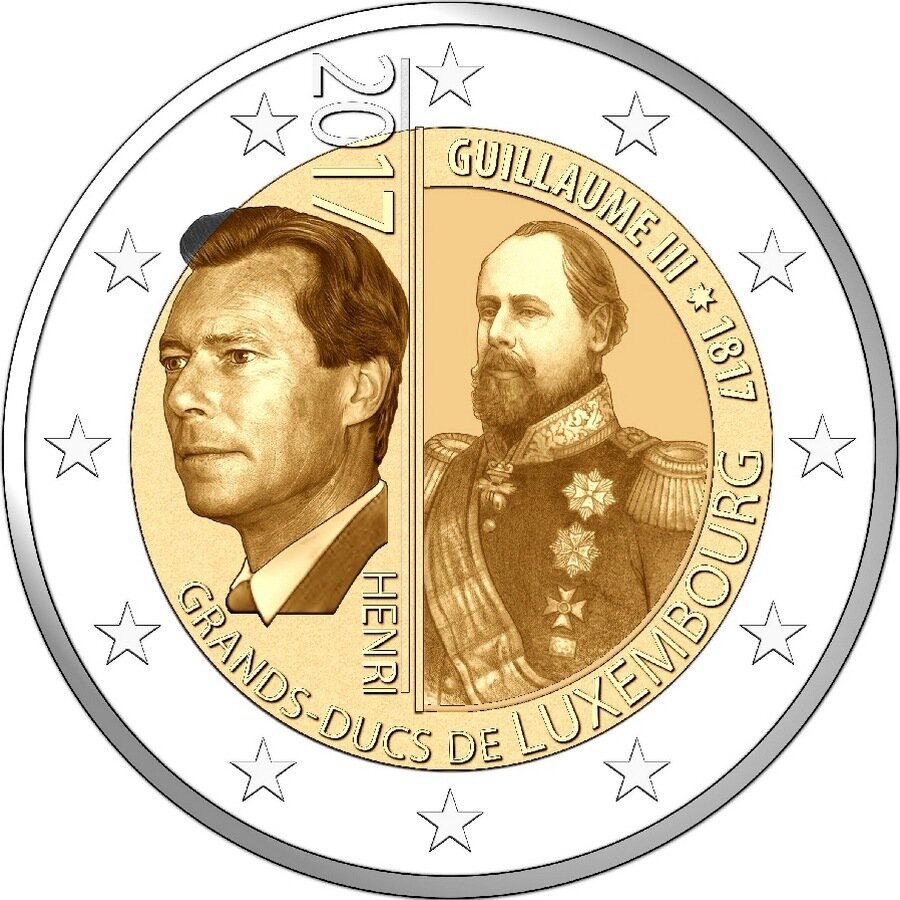 картинка 2 евро Люксембург "200 лет со дня рождения Великого герцога Уиллема III". 2017 г. 